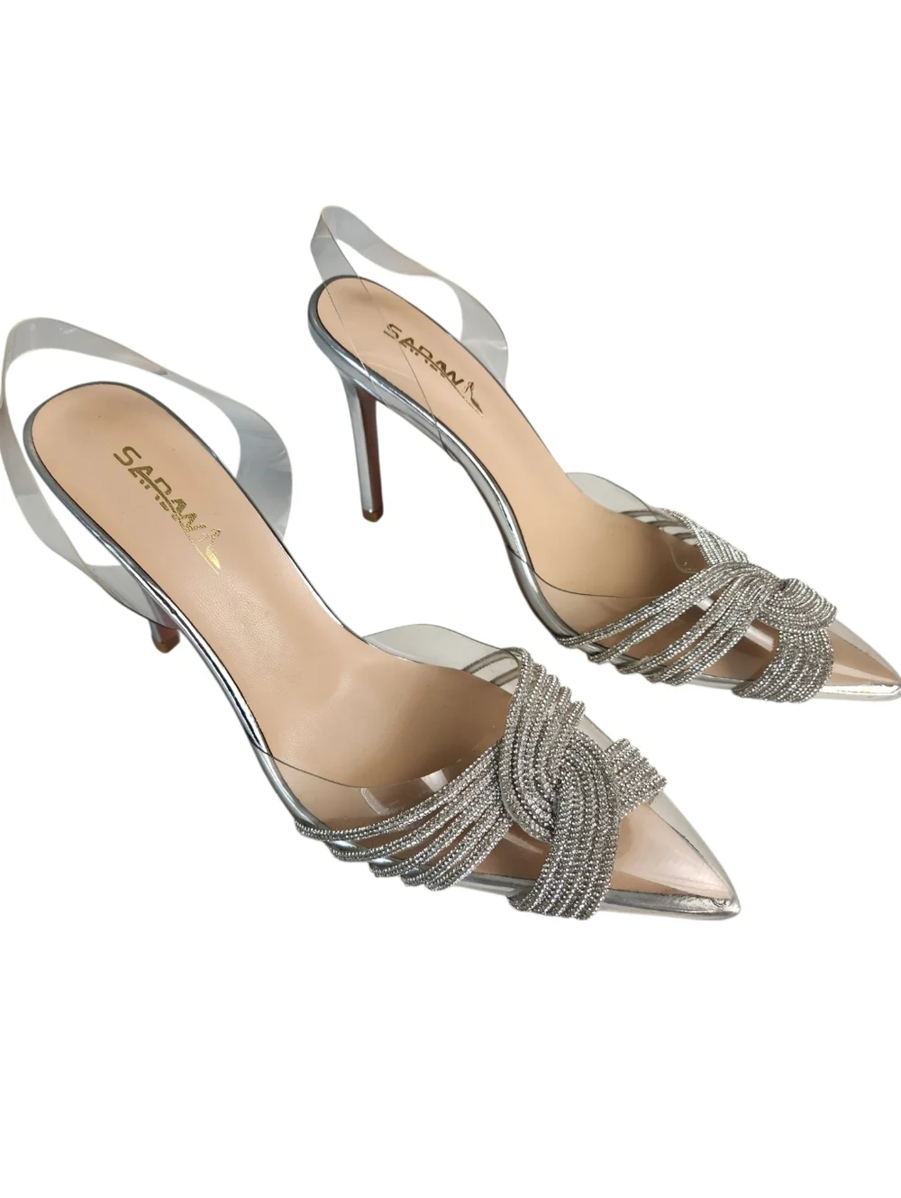 Sarawill Sexy Stiletto Pointed Toe Transparent Silver Wedding Prom Pumps